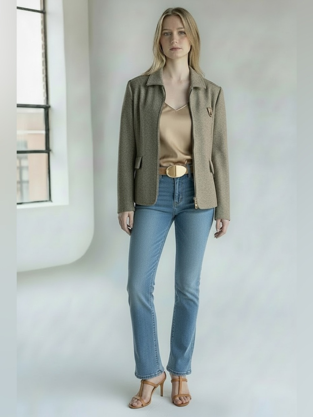 Tailored Women's Wool Tan Zip-Front Blazer Jacket